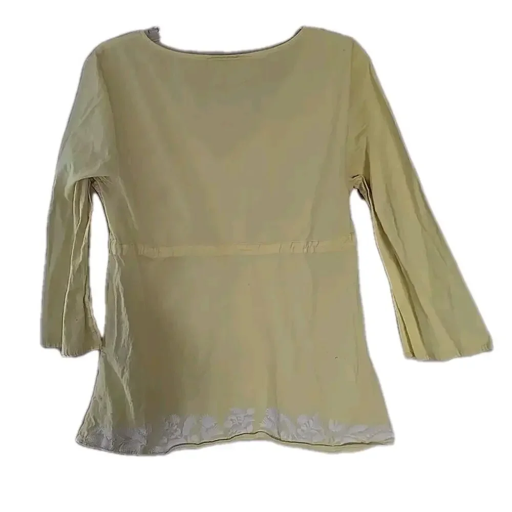 Michael Kors Yellow Embroidered V-Neck Tie Front 3/4 Sleeve Boho Top Womans XL‎